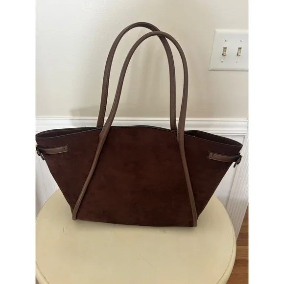 ASOS DESIGN Brown Faux Suede Tote Bag Tan Trim Gold Buckle Large Shoulder Bag - Picture 1 of 11
